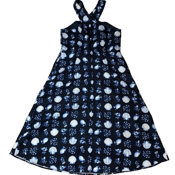 Ann Taylor NWT Navy Blue Seashell Print Halter Midi Flared Dress Linen Size 6 - Picture 4 of 12
